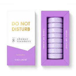 Lavender shower steamers in a purple and white box