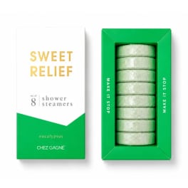 Box of eucalyptus shower steamers with green tablets in a white and green package