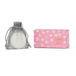 Pink floral gift box beside a mesh drawstring pouch with a white item inside