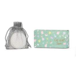 Mesh drawstring pouch beside a mint-green "Get Well Soon" gift box