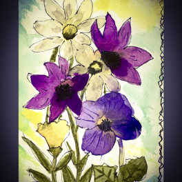 Watercolor painting of purple and white flowers with green stems