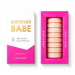 Boxed set of grapefruit shower steamers in pink and white packaging