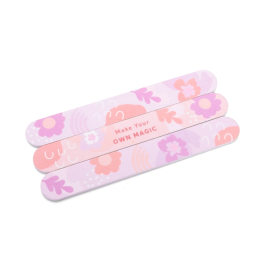 Three floral-patterned nail files with pink and purple designs