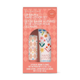 Lip balm and hand lotion set in a coral box with floral patterns