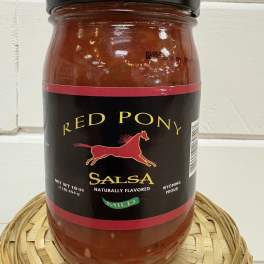 Jar of Red Pony mild salsa with a black lid