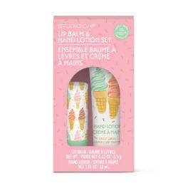 Pink gift box with lip balm and hand lotion tubes inside