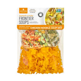 Package of chicken noodle soup mix with visible dried noodles and vegetables