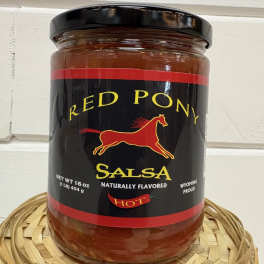 Jar of Red Pony hot salsa with a black lid and label