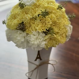 Yellow and white carnation bouquet in a white box with ribbon