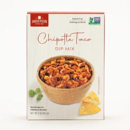 Box of Anderson House chipotle taco dip mix with a serving bowl pictured