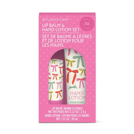 Pink box containing a lip balm and hand lotion set
