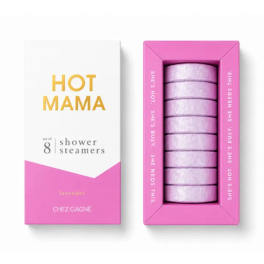 Pink box of lavender shower steamers beside its packaging