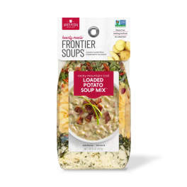 Package of loaded potato soup mix with a bowl of soup on the front