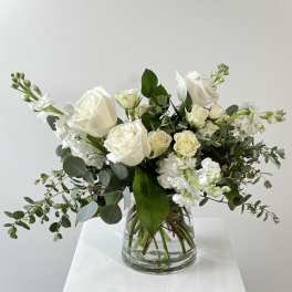 White roses and white stock in a clear glass vase