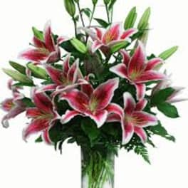 Pink lilies arranged in a clear glass vase