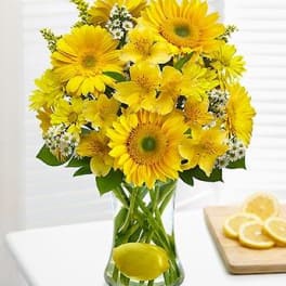 Yellow flowers arranged in a clear vase with lemon slices inside