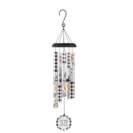 Black and white check wind chime with floral tubes and round 'Home Sweet Home' charm