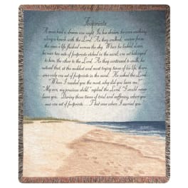 Woven throw blanket with Footprints poem and beach scene with footprints in sand by the ocean