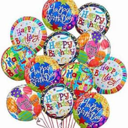 Cluster of colorful birthday balloons with "Happy Birthday" text