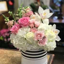 Pink and white roses with white orchids in a striped hat box