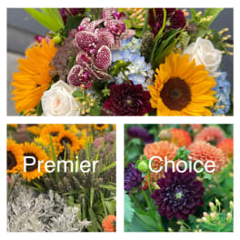 Collage of colorful flower bouquets with sunflowers, roses, orchids, and dahlias