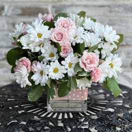 Pink roses and white daisies in a square glass vase