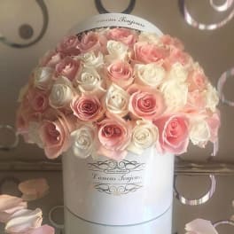 Pink and white roses arranged in a round white hat box