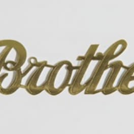Gold script word "Brother" on a white background