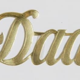 Gold script word "Dad" on a white background