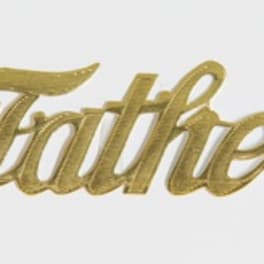 Gold script reading "Father" on a white background