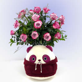 Bundle | Magenta Long-Stem Roses W/ Ponder The Panda Squishmallow