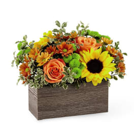 Orange roses and yellow sunflowers in a rectangular wooden box