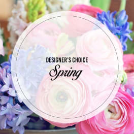 Spring bouquet with pink and blue flowers