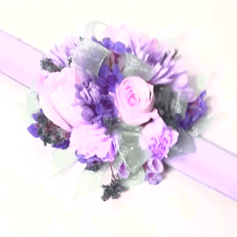 Lavender and pink floral wrist corsage with ribbon band