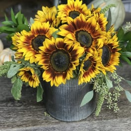Sunflower arrangement in a black ribbed container