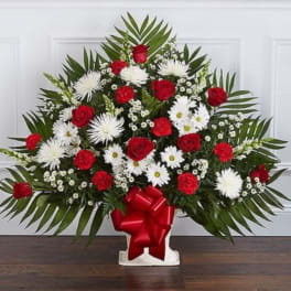 Red roses and white daisies in a white vase with a red bow