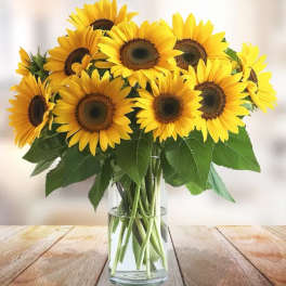 Bouquet of yellow sunflowers in a clear glass vase