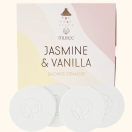 Box of jasmine and vanilla shower steamers with round white tablets