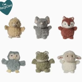 Six small plush animal toys arranged on a white background
