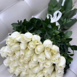 Large bouquet of white roses with dark green foliage and a white ribbon