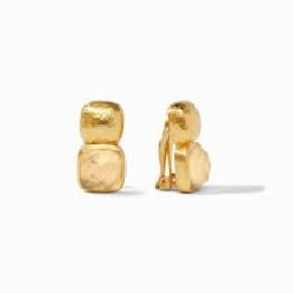 Pair of gold square stud earrings on a white background