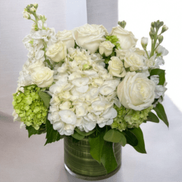White roses and hydrangeas arranged in a glass vase