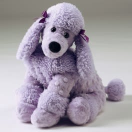 Lavender stuffed poodle toy with floppy ears and purple ribbon bows