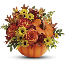 Pumpkin-shaped floral arrangement with roses and daisies