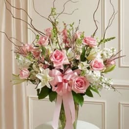 Pink Roses, White Lilies And Curly Willow Bouquet