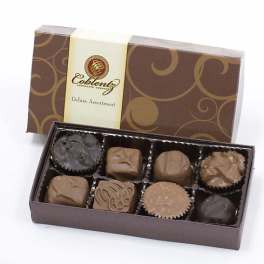 Box of assorted chocolates in a brown gift box