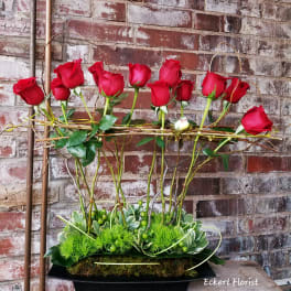 Red roses arranged in a black rectangular container with greenery