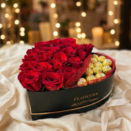 Roses and Chocolate in a Heart Box