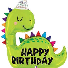 Green dinosaur birthday balloon with a party hat and "Happy Birthday" text