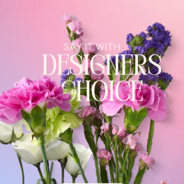Assorted stems of pink carnations, white lisianthus, and purple stock on a pastel gradient background with text.